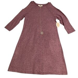 NWT knit swing dress & pendant necklace set M heathered purple Cold shoulder